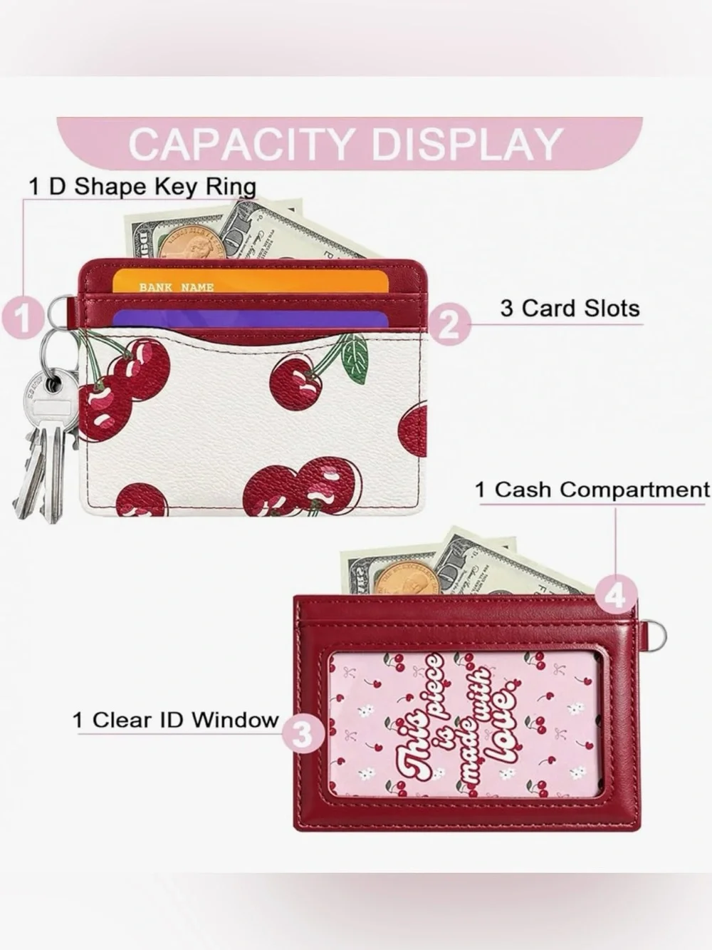 Slim Credit Card Case for Women with Cute Fruit Prints & ID Window (CHERRY)